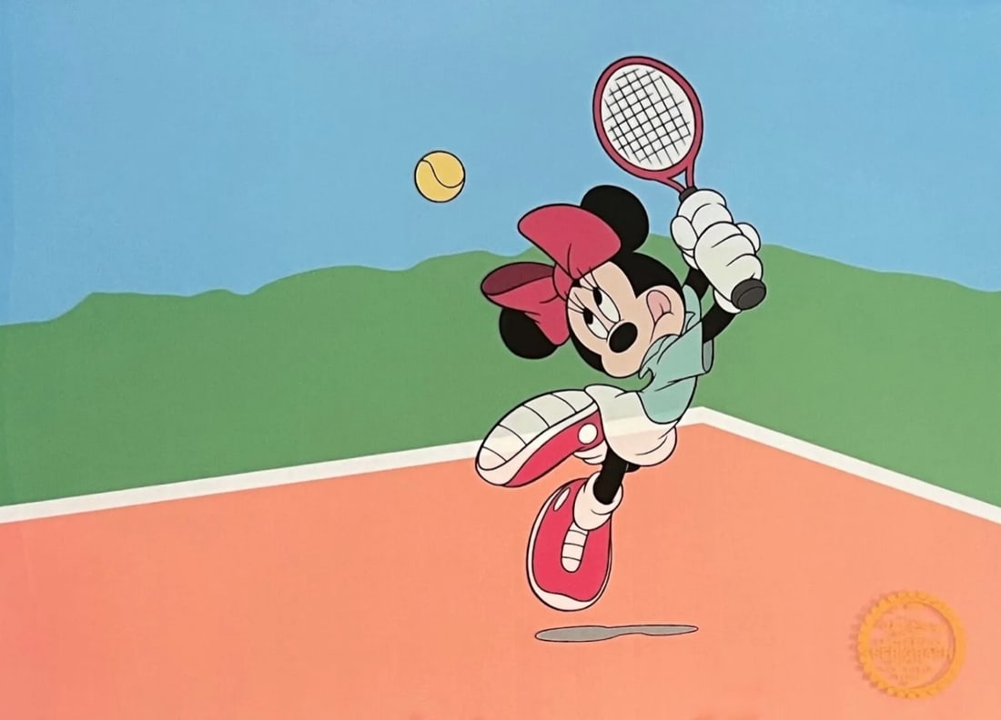 Disney, Minnie Mouse Playing Tennis, Limited Edition Animation Sericel: Limited edition serigraph cel of Minnie Mouse playing Tennis. Disney?s own artists have selected this scene from the original animation drawings used to produce this classic Disney film. Known as a "c