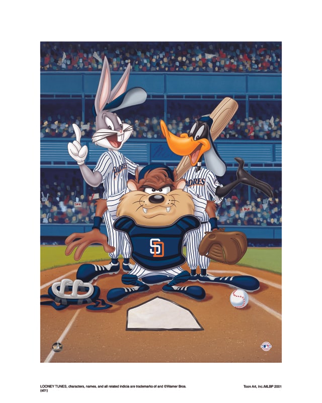 Warner Bros, Looney Tunes, Bugs, Daffy & Taz, 'At The Plate, San Diego Padres': Title: At The Plate, San Diego Padres Subject: Looney Tune's Squad Publisher: Classic Moments Type: Animation Giclee Paper: MT600 Year Produced: Circa 2000-2010 Size: 16" x 20" Condition: Excellent Li