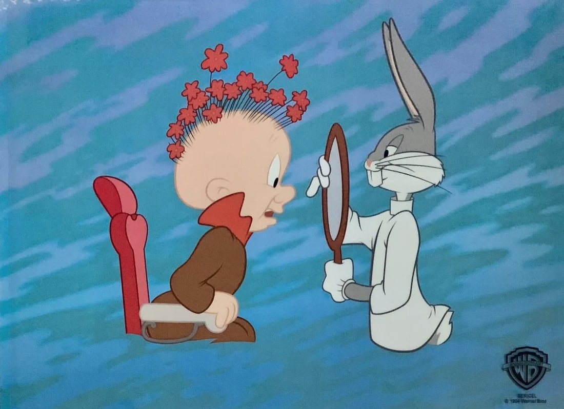 Warner Bros, Looney Tunes, Bugs Bunny & Elmer Fudd, Limited Edition Animation Sericel: Limited edition Sericel of Warner Bros Looney Tunes. This fantastic animation features Elmer Fudd and Bugs Bunny in the classic animation "Barber of Seville". This Cel measures 11" x 14", comes unfram