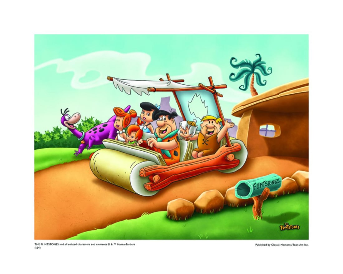 Hanna-Barbera, "Flintstones Car", 16"x20": Subject- Flinstones Car Published by Classic Moments as Part of a Limited Edition Run of 500 Type- Animation Giclee Paper- MT600 Year- Circa 2000-2010 Size- 16" x 20" Licensed by Warner Bros. Conditio