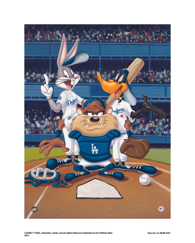 Warner Bros, Looney Tunes, Bugs, Daffy & Taz, 'At The Plate, Los Angeles Dodgers': Title: At The Plate, Los Angeles Dodgers Subject: Looney Tune's Squad Publisher: Classic Moments Type: Animation Giclee Paper: MT600 Year Produced: Circa 2000-2010 Size: 16" x 20" Condition: Excellent