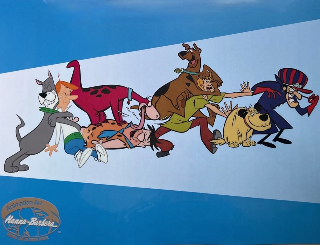 Hanna Barbera, Scooby Doo, Dino, Astro & Muttley, Limited Edition Animation Sericel: This is a fantastic limited edition artistic recreation animation sericel titled "A Man and his Dog" This features Dastardly & Muttley, Fred Flintstone & Dino, George Jetson & Astro and Shaggy & Scoob