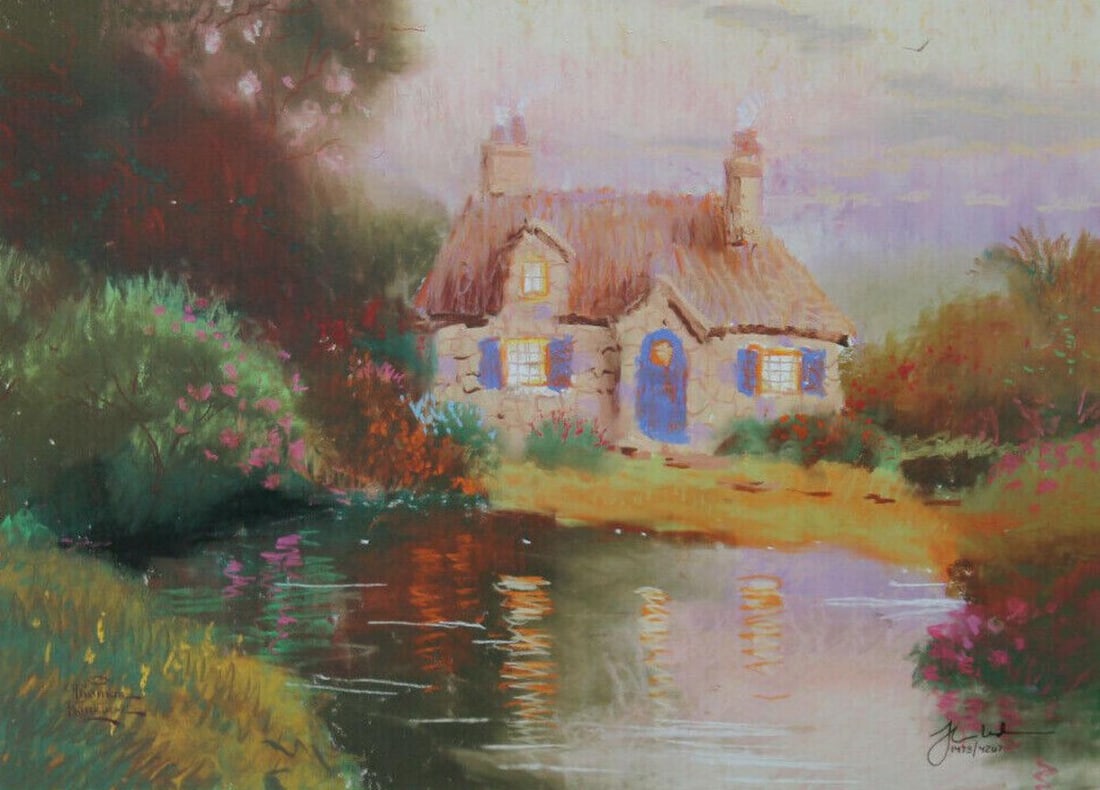 Thomas Kinkade, 'Pastel Cottage', Framed Limited Edition Lithograph, 16"x20": Description Thomas Kinkade Pastel Cottage Offset Lithograph, on premium heavyweight (100 lbs.) archival papers Image Size: 16 x 20 inches Edition: 1473/4267 Signed with the artist's DNA matrix signatu