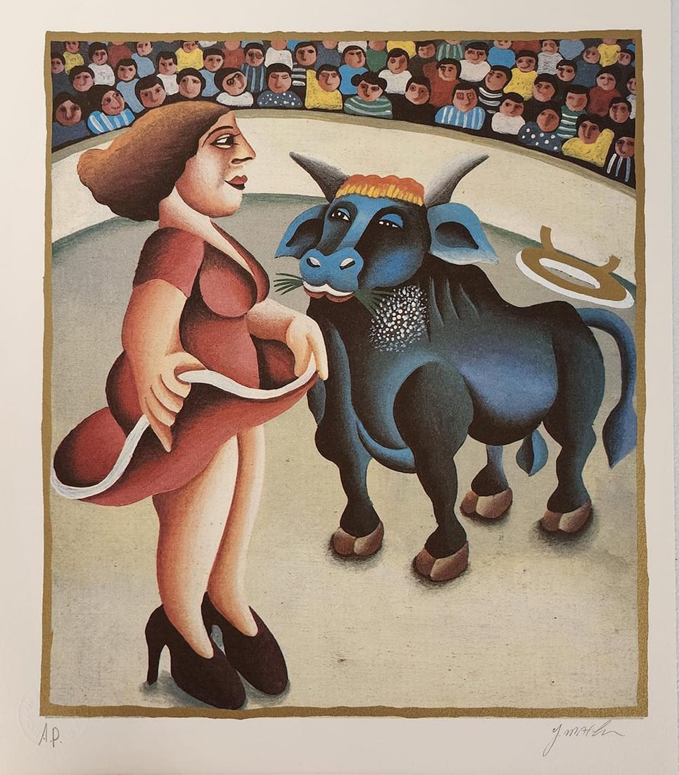 Yuval Mahler 'Taurus' From The Zodiac Suite, Signed Limited Edition Lithograph: YUVAL MAHLER b. 1951 (Israeli) Title: The Zodiac ? Taurus Technique: Original Hand Signed and Numbered Lithograph in colours on vellum paper Paper Size: 35 x 31 cm / 13.8 x 12.2 in Image size: 31 x 27