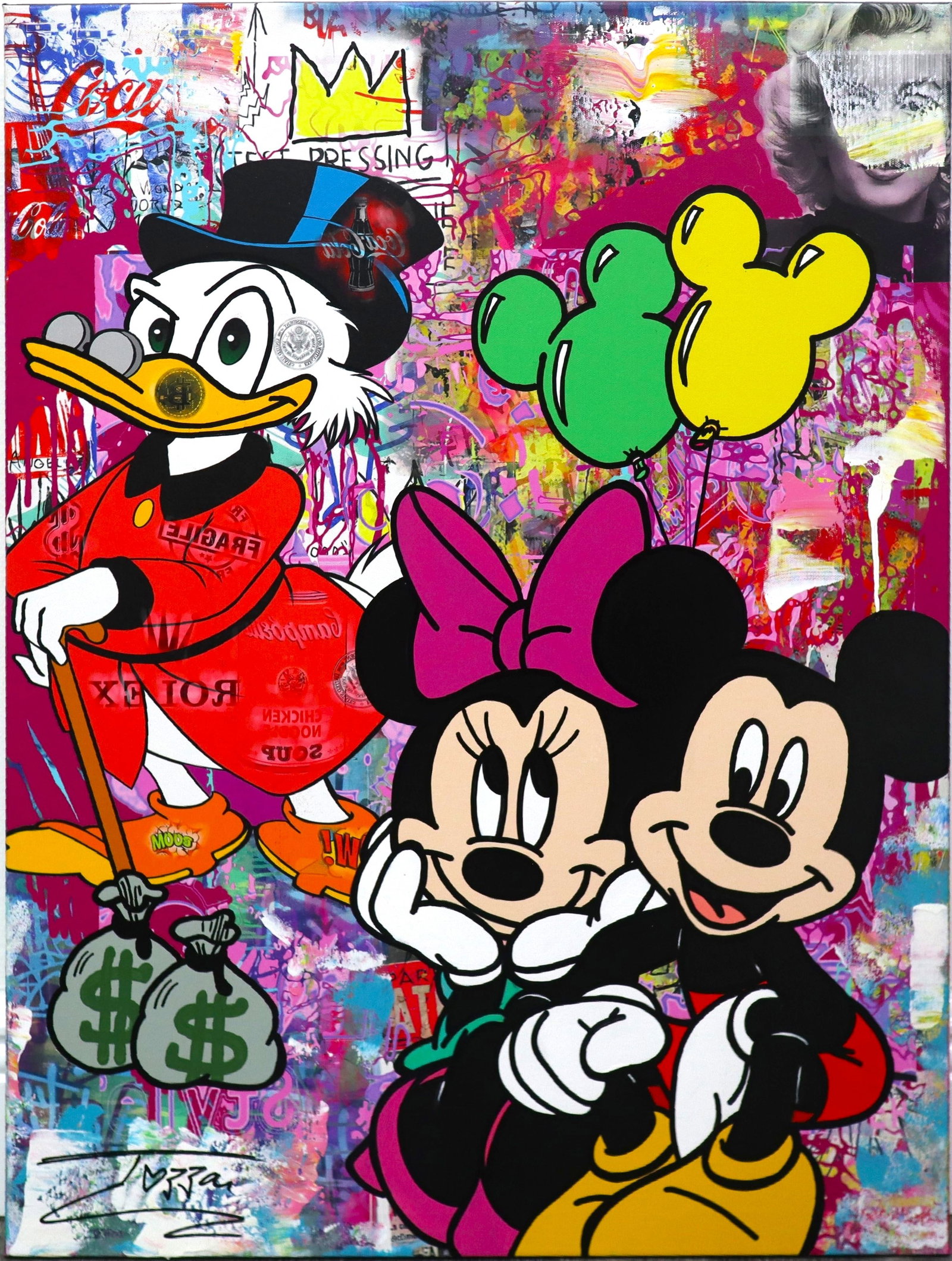 Jozza, 'Happy Birthday',Original Pop Art Canvas Painting, 2024, 30"x24": Artist: Jozza Pop Art Title: "Happy Birthday" Influences: Disney Mickey & Minnie Mouse - Scrooge McDuck / Basquiat Surface: Canvas Medium: Acrylic Paint Dimensions: 24"x30" Technique: Pop Art Year: 20
