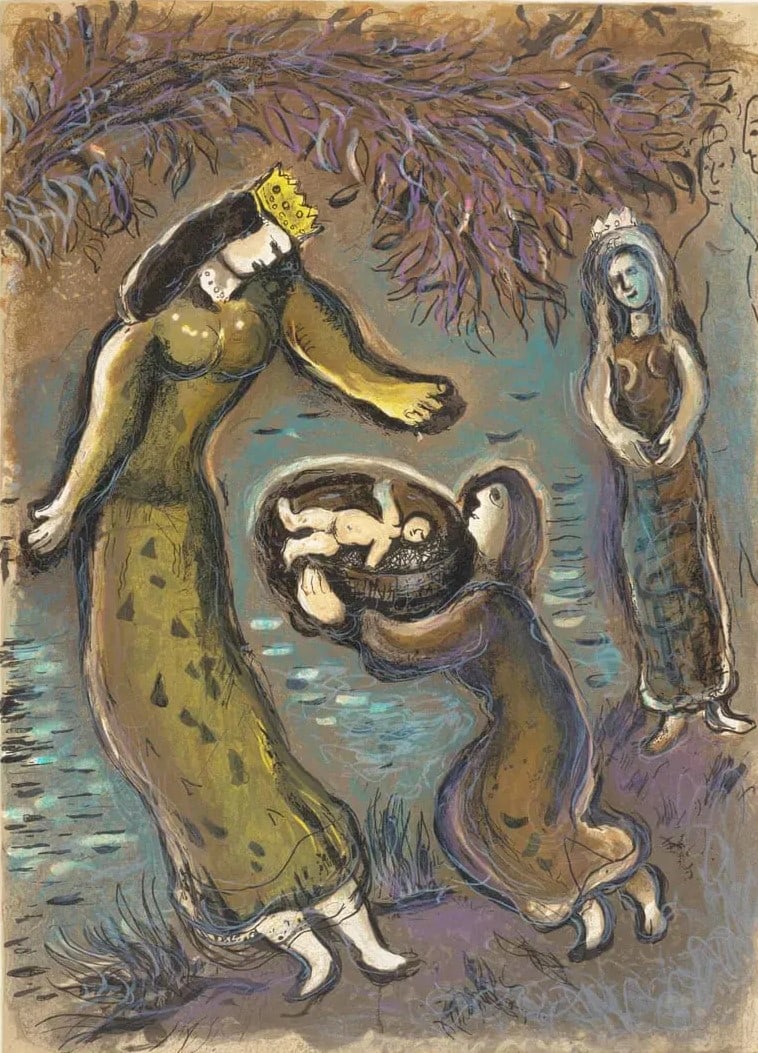 Marc Chagall, 'Pharaohs Daughter and Moses' original lithograph from The Story of the Exodus: Artist: MARC CHAGALL Title: Pharaohs Daughter and Moses (FROM STORY OF THE EXODUS) Medium: Lithograph on arches paper Image Size: 18.50x13.50 inches paper size: 20 x 15 inches Released: 1966 Edition: 