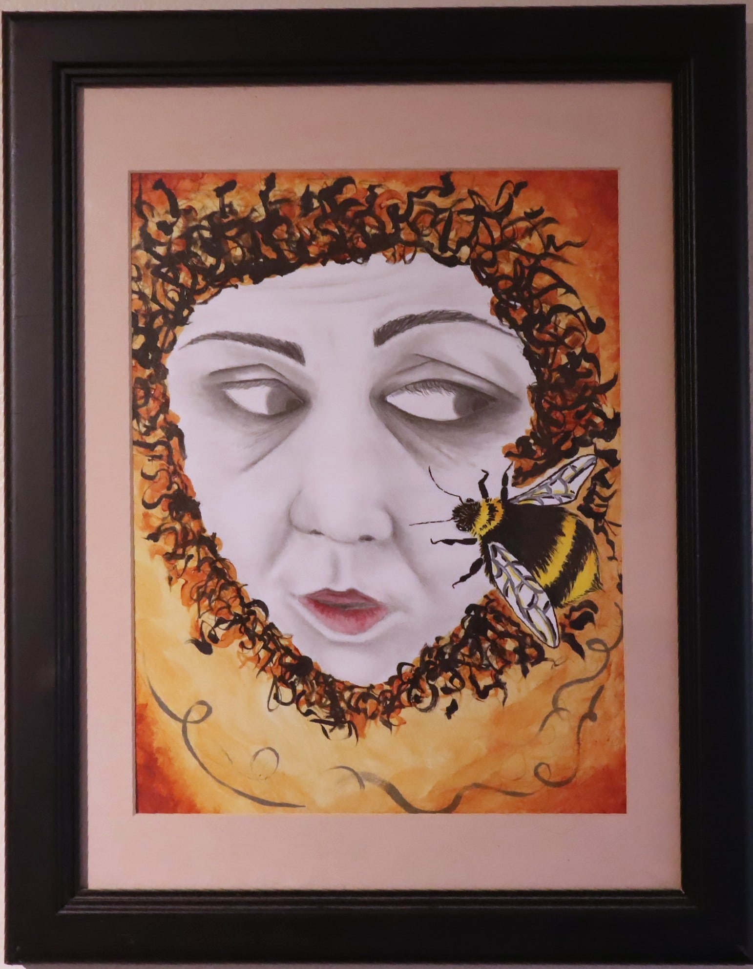 Jenny Quest, Queen Bee, Original Mixed Media Painting, 2021: Artist: Jenny Quest (1984 - Present) Title: Queen Bee Year: 2021 Edition: Original Signed: On Back Frame Size: 18x14 Art Size: 12"x9.25" Type: Painting Surface: Paint Paper Condition: Excellent Descri