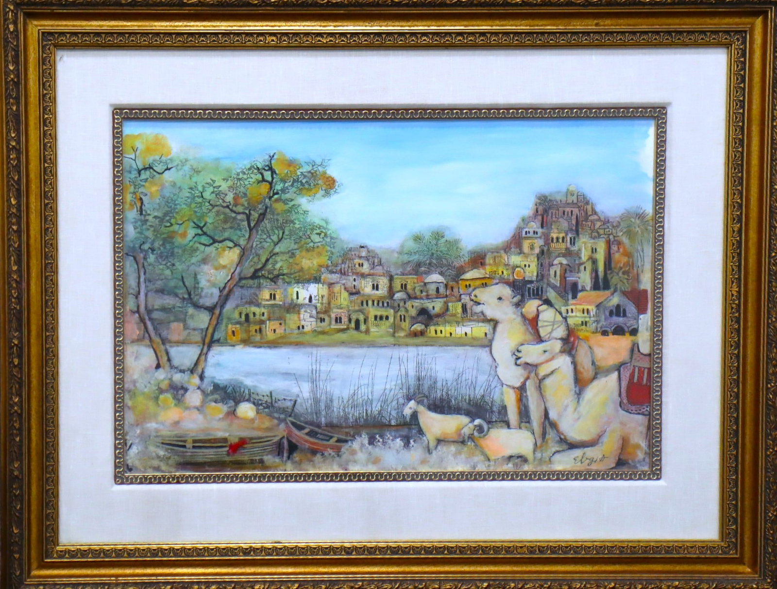 Amram Ebgi, Middle Eastern Village by the river, Original Water Painting (Framed): Artist: Amram Ebgi Title: Middle Eastern Village by the riverDimensions w/ Frame: 29.5"x22.5" Type: Watercolor Painting Surface: Canvas Board Year: 2005 Artist Bio: As painter and graphic artist, Amra