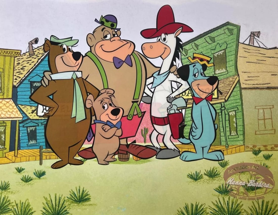 Hanna-Barbera, Magilla Gorilla - Quick Draw Mcgraw - Huckleberry Hound, Limited Edition Animation: This is a fantastic limited edition artistic recreation animation sericel titled "Friends in the West" This features Quick Draw McGraw, Huckleberry Hound, Magilla Gorilla and Yogi Bear & Boo-Boo as th
