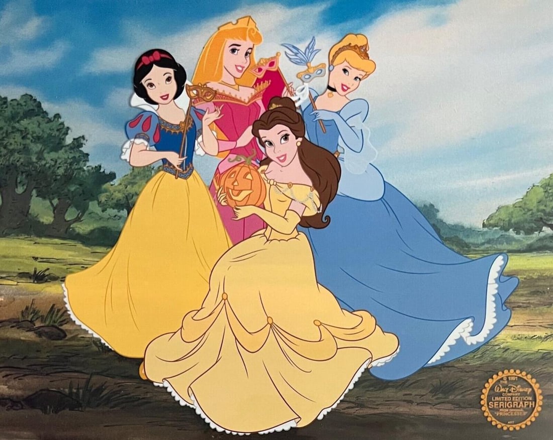 Disney, Cinderella Belle Snow White Aurora Sericel Limited Edition Sericel: This is a limited edition serigraph cel of Disney Princesses Cinderella, Belle, Snow White and Aurora celebrating Halloween. Disney's own artists have selected this scene from the original animation d