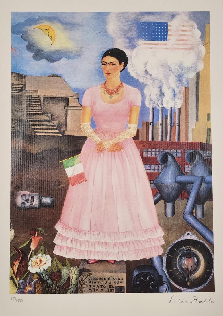 Frida Kahlo 'Selbstportrat An Der Grenze' 1986, Limited Edition Lithograph: Frida Kahlo "Selbstportrat an der Grenze zwischen Mexiko und den USA" The lithograph was printed in 1986 by the Birkhauser , Basel in 275 copies. Signed Frida Kahlo on the plate. The work measures 17x