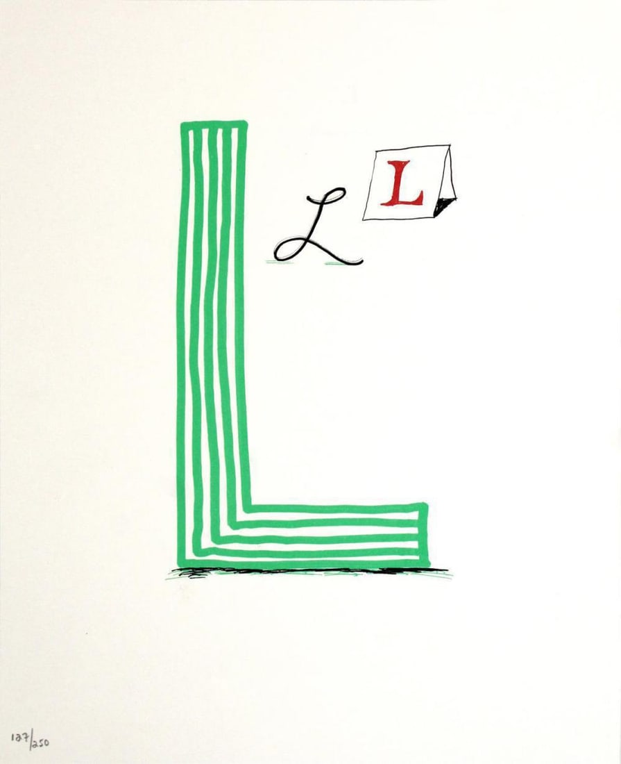 David Hockney - Letter L - Framed Lithograph: Artist: David Hockney. Title: Letter L from "Hockney's Alphabet" Year: 1991. Dimensions: 12 5/8 in. by 9 5/8in. Frame size approx: 18 x 15 Inches. Publisher: Faber and Faber Limited London Suite: Hock