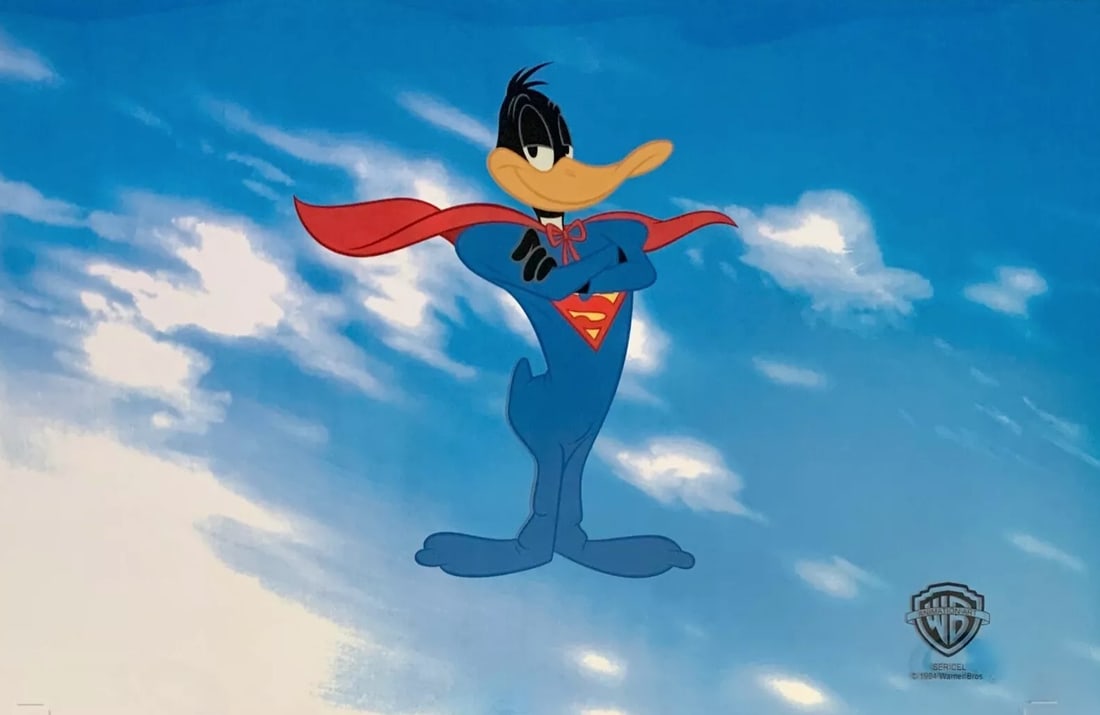 Warner Bros, Super Daffy Duck, Limited Edition Animation Cel: Limited edition Sericel of Warner Bros Looney Tunes Daffy Duck. This fantastic animation features Daffy Duck as Superman. This Cel measures 11" x 14", comes unframed, in excellent condition. This cel 
