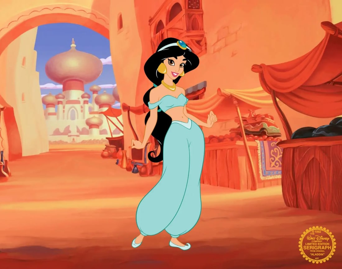 Disney, Aladdin, Jasmine in Agrubah, Limited Edition Animation Cel: Limited edition sericel of Jasmine from the Disney film Aladdin. From 1992 Walt Disney Studios - Aladdin. Disney?s own artists have selected this scene from the original animation drawings used to pro