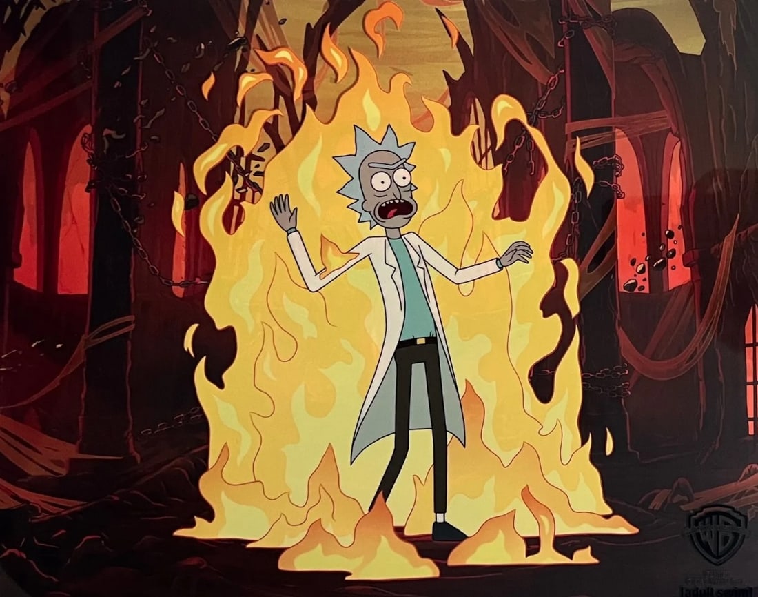 Warner Bros - Adult Swim, Rick & Morty, Rick Emerges From Flames, Limited Edition Animation Cel: Limited edition Rick and Morty sericel titled "Meeseeks and Destroy". This fantastic recreation animation sericel features Rick Sanchez as he appeared in the animated sitcom. This Cel measures 11" x 1