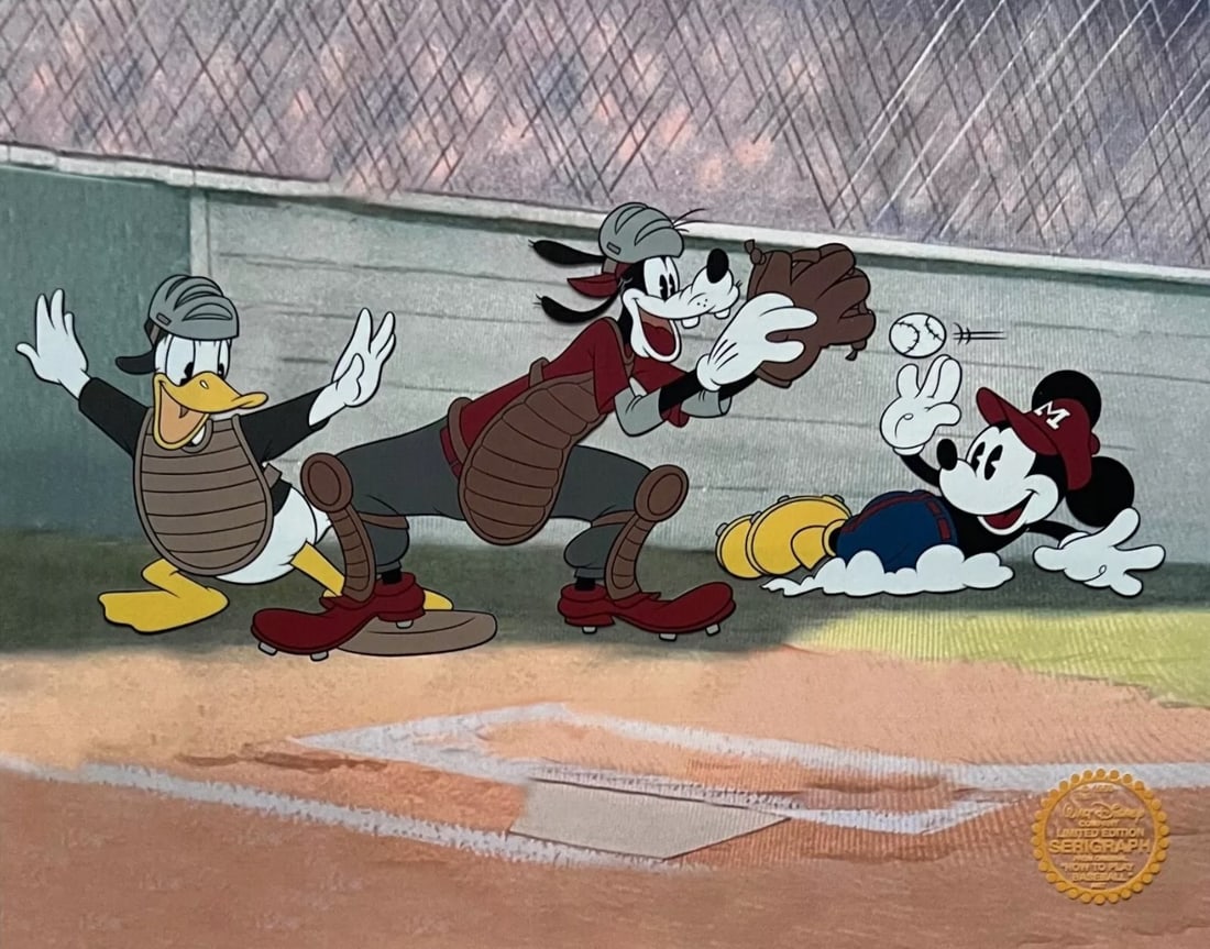 Disney, Vintage Mickey Mouse, Goofy & Donald Play Baseball, Limited Edition Animation Cel: Limited edition serigraph cel of Mickey Mouse, Donald Duck and Pluto playing baseball. Disney?s own artists have selected this scene from the original animation drawings used to produce this classic D