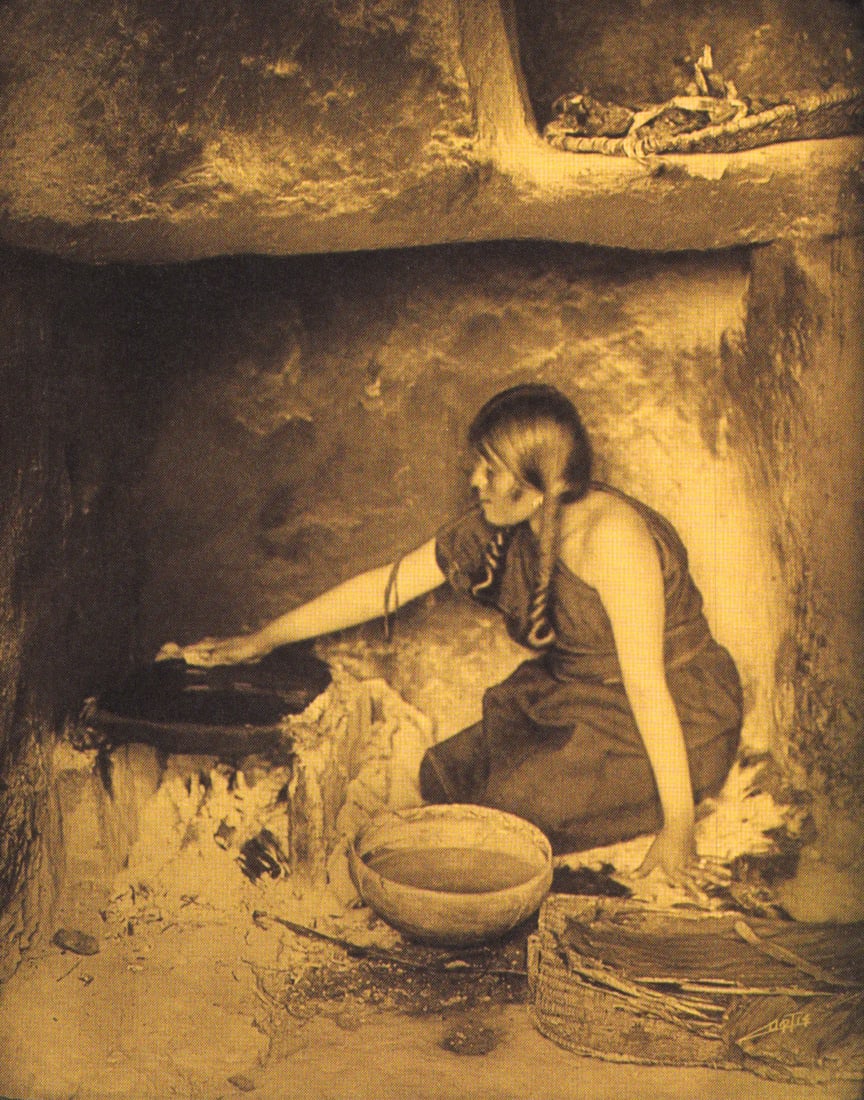 Edward S. Curtis, PLATE 44 The Piki Maker, CA, 1906: Photographer: Edward S. Curtis (American, 1868 - 1952) - renowned photographer of the American West and the Native American Indian. Title: FIG. 45 Curtis Studio, (Edward S. Curtis and His Daughter Bet