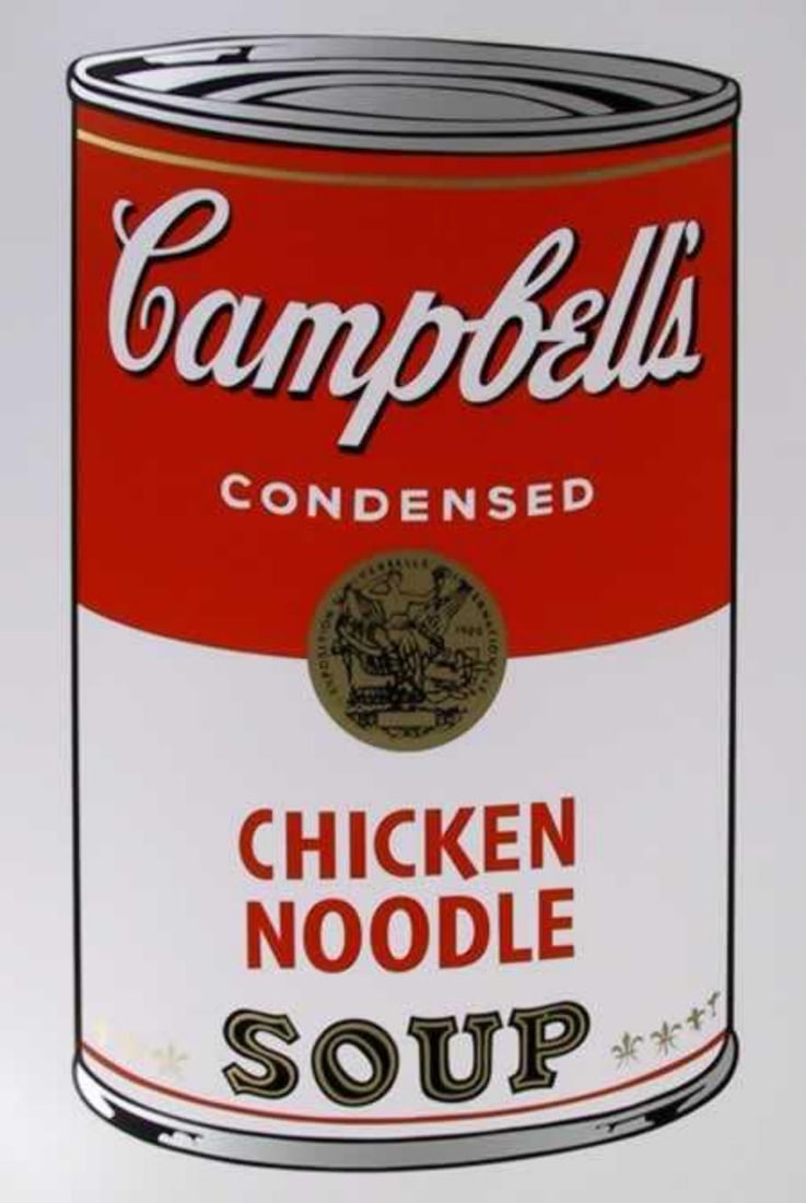 Andy Warhol, Campbells Chicken Noodle Soup Silkscreen: Item Details Description Andy Warhol - Chicken Noodle Soup Medium: Silkscreen on Museum Board Sunday B. Morning color screenprints are printed on museum boards with the highest quality archival inks. 
