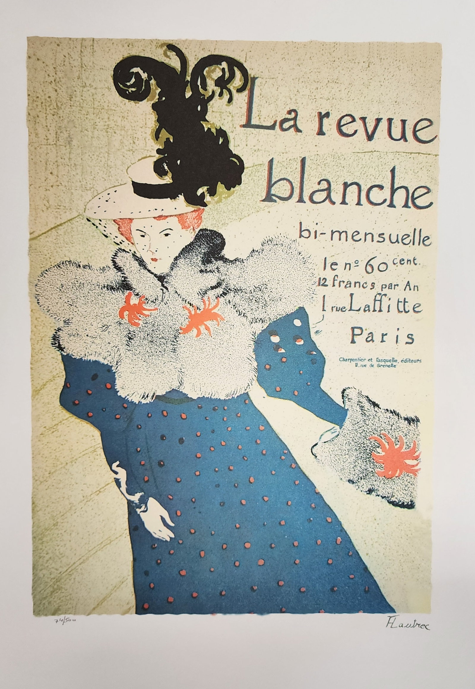 Henri De Toulouse Lautrec, 'La Revue Blanche': Artist: Henri de Toulouse-Lautrec (1864 - 1901) Title: La Revue Blanche Type: Lithograph Plate Signed Edition: Out of 500 Size: approximately 49" x 35" French artist who observed and documented with g