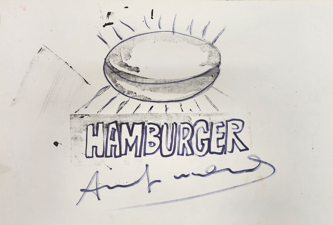 Andy Warhol, Hamburger, 1986 - Silkscreen, Unique Mixed Media work on paper: Artist: Andy Warhol (1928-1987)Title: HamburgerYear: 1986Size: 13 x 19 inchesFramed: Approx. 27 x 33 inchesMedium: Silkscreen, and marker on paperEdition: Unique proofSigned: Yes, in black markerPubli