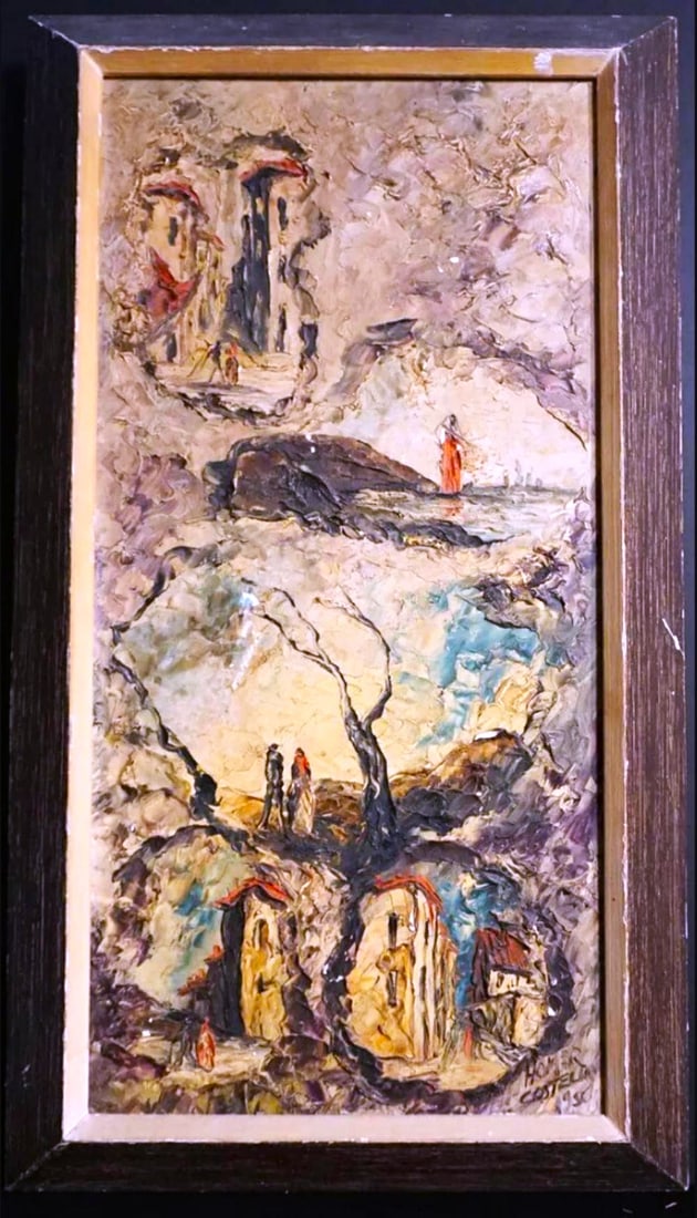 Homer Castello Untitled Original, 1956, Oil Paint On Board: Artist: Homer Castello (1892-1977) Title: Untitled Medium: Original Oil on Board Signed: Hand Signed Year: 1956 Measurements: Unframed: 30" x 15" Framed: 35" x 19.5" Condition: There is some paint los