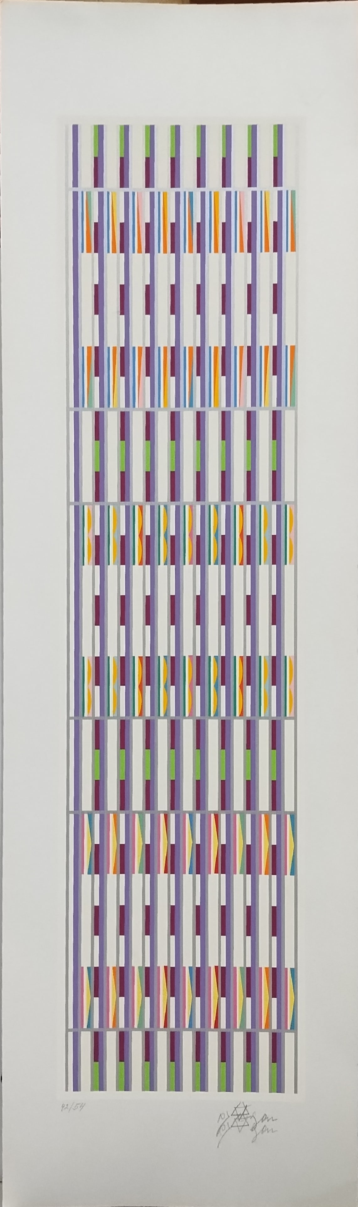 Yaacov Agam, Vertical Orchestration, Double Signed Limited Edition Serigraph: Artist: Yaacov Agam Title: From the VERTICAL ORCHESTRATION portfolio Year: C1980s Dimensions: 26 in. by 8.5 in. Edition: 42/54 Medium: Silkscreen Signature Details: Hand-signed and numbered by the art