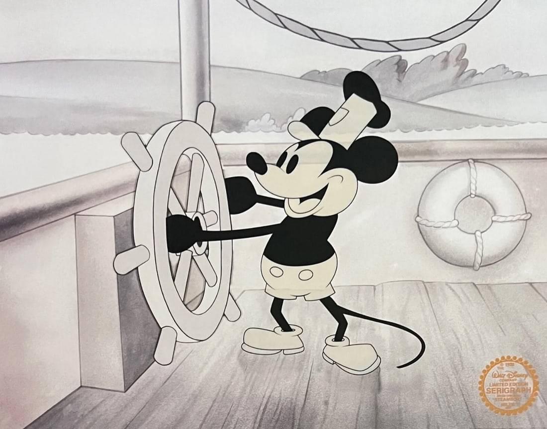 Disney, Mickey Mouse - Steamboat Willie, Limited Edition Animation Sericel: Limited edition Serigraph Cel of Mickey Mouse from Steamboat Willie. From 1928 Walt Disney Studios - Steamboat Willie. Disney?s own artists have selected this scene from the original animation drawing