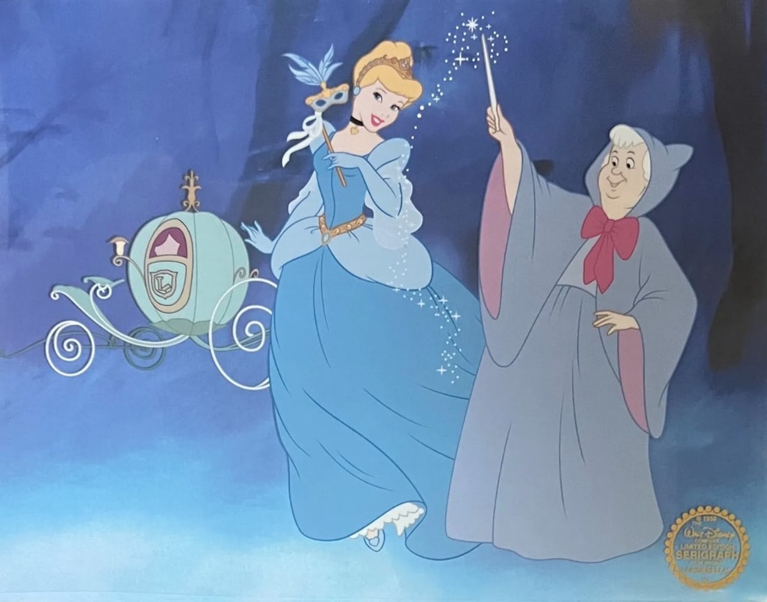 Disney, Cinderlla with Fairy Godmother, Limited Edition Animation Sericel: Disney Limited Edition Serigraph Cel of Cinderella and her Fairy Godmother. Disney?s own artists have selected this scene from the original animation drawings used to produce this classic Disney film.