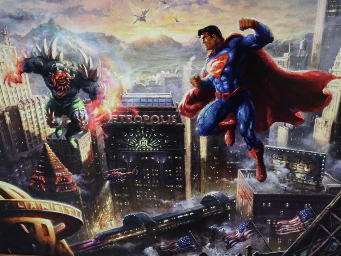 Thomas Kinkade Studios, 'Superman Original Drawings on Verso Man Of Steel', Limited Edition: Thomas Kinkade Zac & Pat Kinkade have hand-enhanced this limited edition canvas Canvas size: 18x27 inches. Framed: 27x35 inches Hand Highlighted Limited Edition on Stretched Canvas, with very rare ori