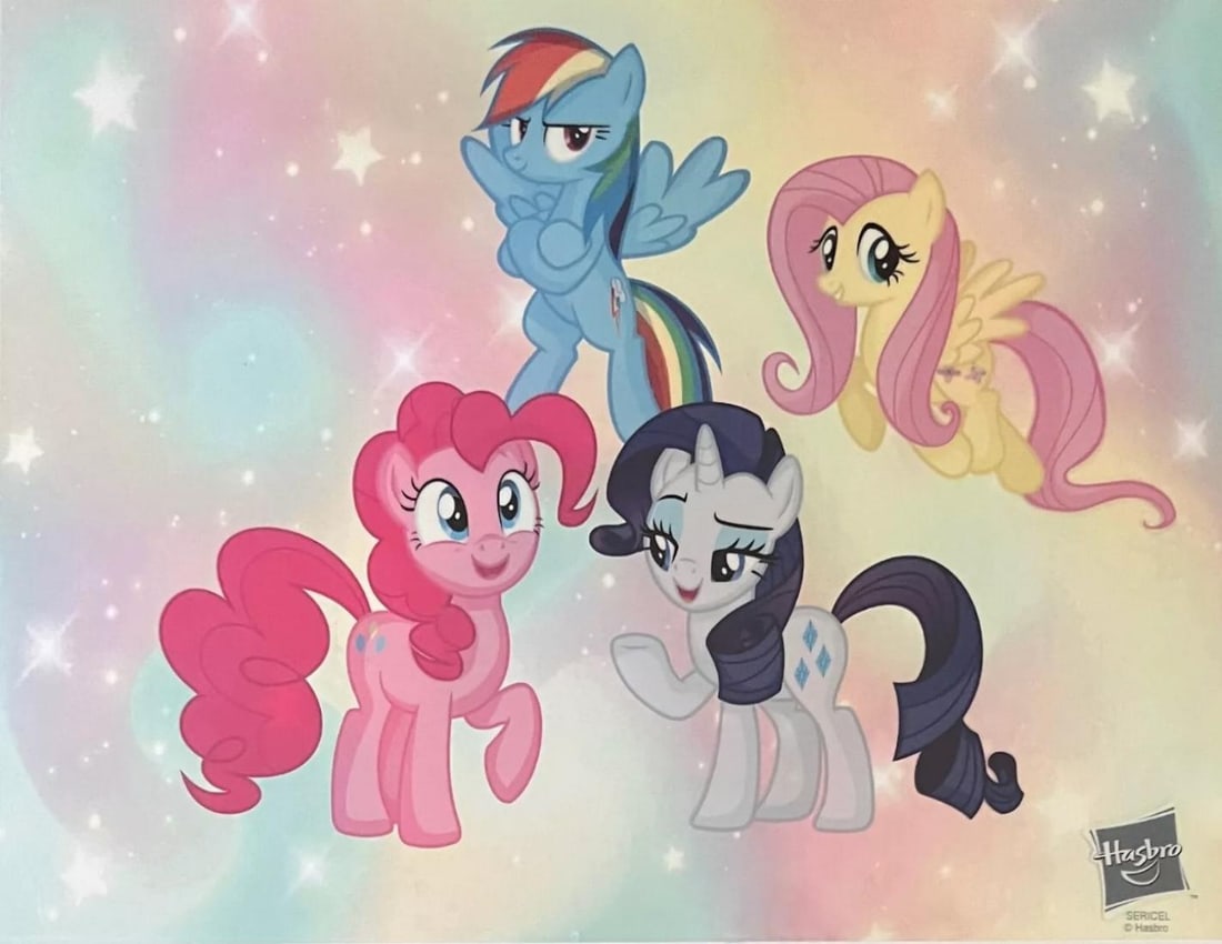 Hasbro, My Little Pony, Limited Edition Animation Cel: Limited edition sericel of My Little Pony featuring Rainbow Dash, Fluttershy, Pinkie Pie and Rarity. This cel from Hasbro measures 11" x 14", comes unframed, in excellent condition. Comes with a compl