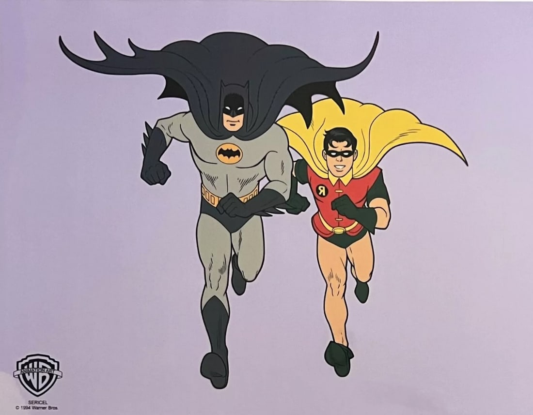 Warner Bros, 'Batman & Robin - The Dynanic Duo', Limited Edition Animation Cel: Artistic recreation Sericel from Warner Bros titled "Batman and Robin". This fantastic animation features Batman and Robin as they appeared the original classic animation. This Cel measures 11" x 14",