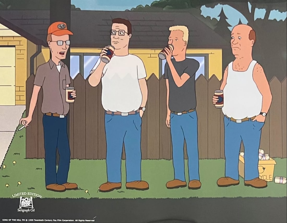 20th century fox studios, King of The Hill - Hank, Dale, Boomhoward & Bill, Limited Edition: Limited edition sericel of King of the Hill by 20th Century Fox and Mike Judge. This fantastic animation features Hank Hill, Boomhauer, Bill Dauterive and Dale Gribble in the alley drinking Alamo Beer