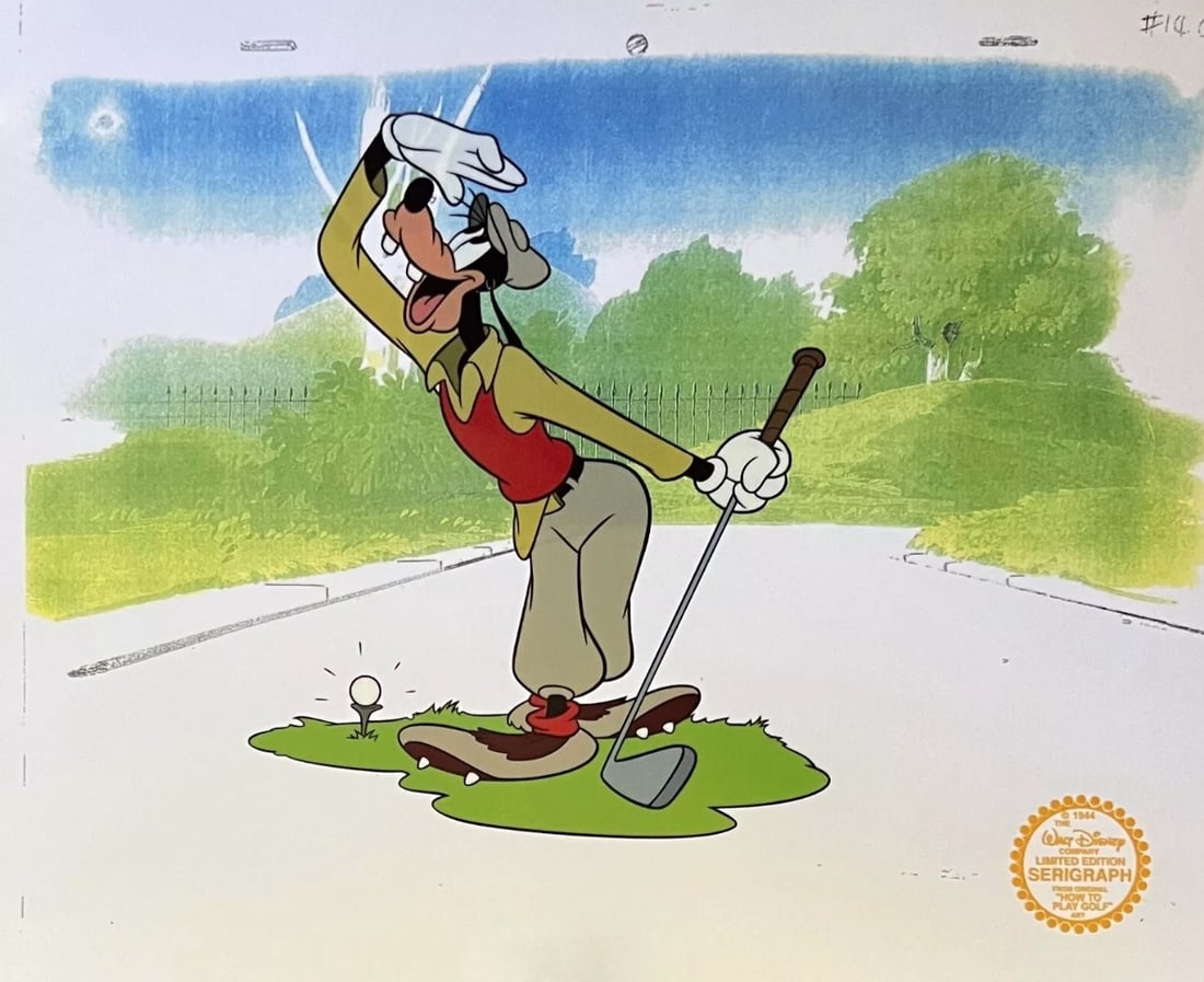 Disney, Goofy Plays Golf, Limited Edition Animation Cel: Limited edition serigraph cel of Goofy Golf. Disney?s own artists have selected this scene from the original animation drawings used to produce this classic Disney film. Known as a "cel", this image h