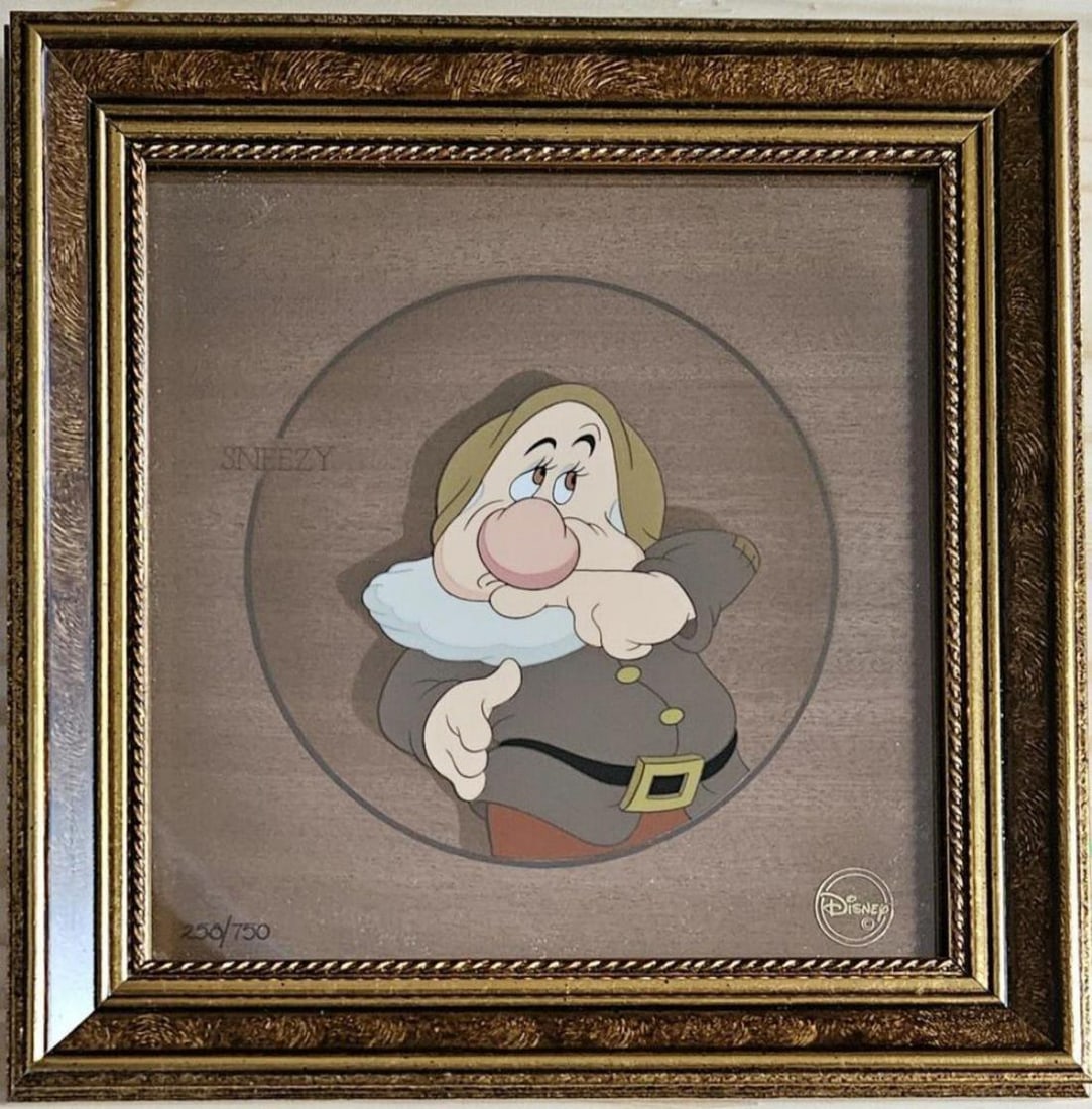 Disney, 'Snow White - Sneezy', Limited Edition Courvoisier: Studio: Walt Disney Title: 'Sneezy' from Snow White and the Seven Dwarfs Medium: hand-painted and hand-inked with a wood veneer background Date: 1997 Character: Sneezy Edition: 258/750 Framed: Yes Siz
