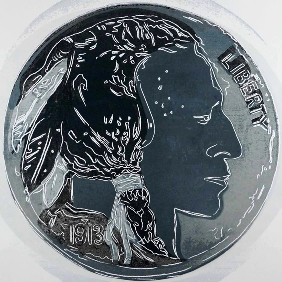 Andy Warhol (After), Cowboys and Indians, 1986, Indian Head Nickel: ANDY WARHOL Cowboys and Indians, 1986, Indian Head Nickel Warhol, Andy (After) Cowboys and Indians, 1986, Indian Head Nickel Silkscreen, not signed and numbered, Images size 38 x 38 inch very good/exc