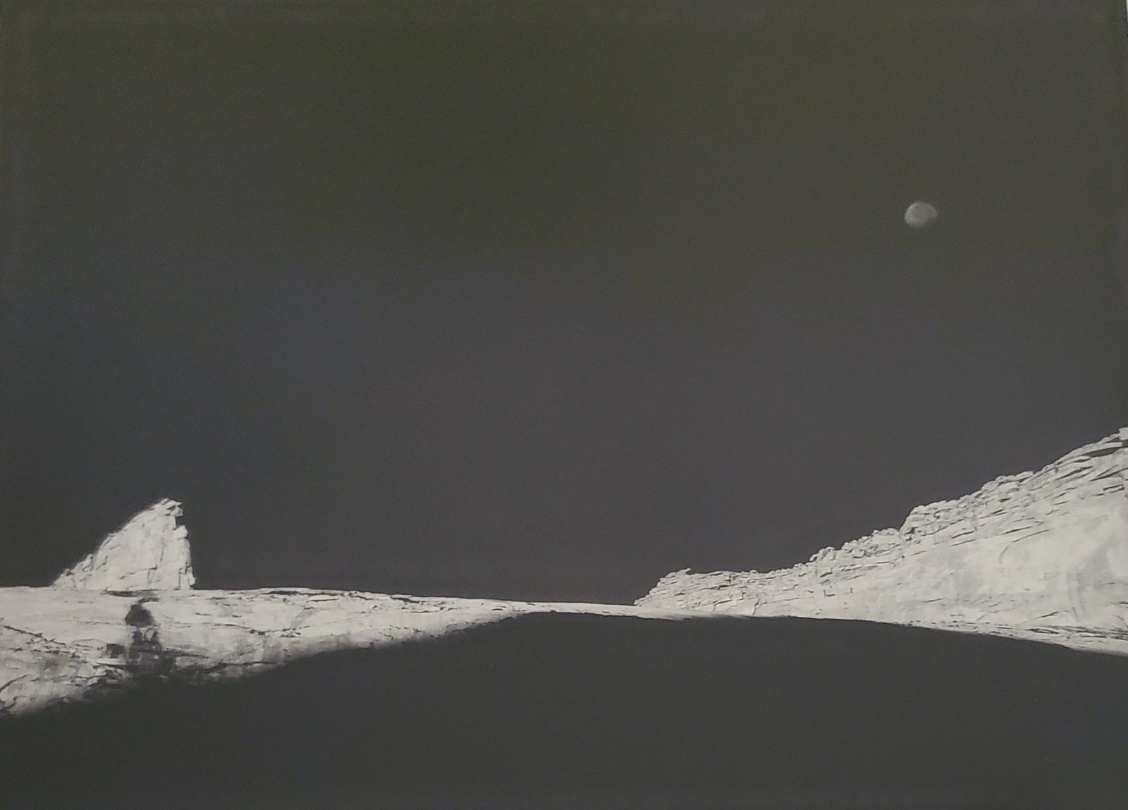 Ansel Adams, High Country Crags and Moon, Sunrise, Kings Canyon National Park, California, C. 1935: Photographer: Ansel Adams (American, 1902 - 1984) - Internationally renowned American photographer. One of the most influential artists in photographic history. Title: "High Country Crags and Moon, Su