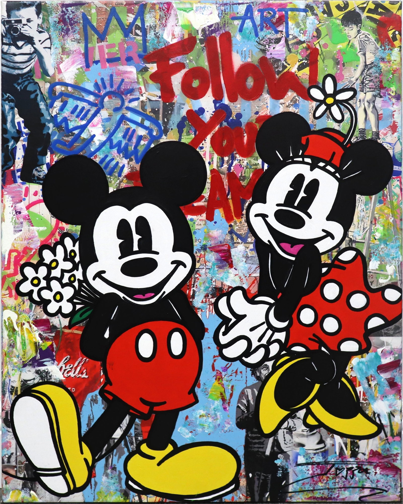Jozza, 'Big Surprise',Original Pop Art Canvas Painting, 2024, 30"x24": Artist: Jozza Pop Art Title: "Big surprise" Influences: Disney Mickey & Minnie Mouse / Keith Haring / Warhol Surface: Canvas Medium: Acrylic Paint Dimensions: 24"x30" Technique: Pop Art Year: 2024 Han