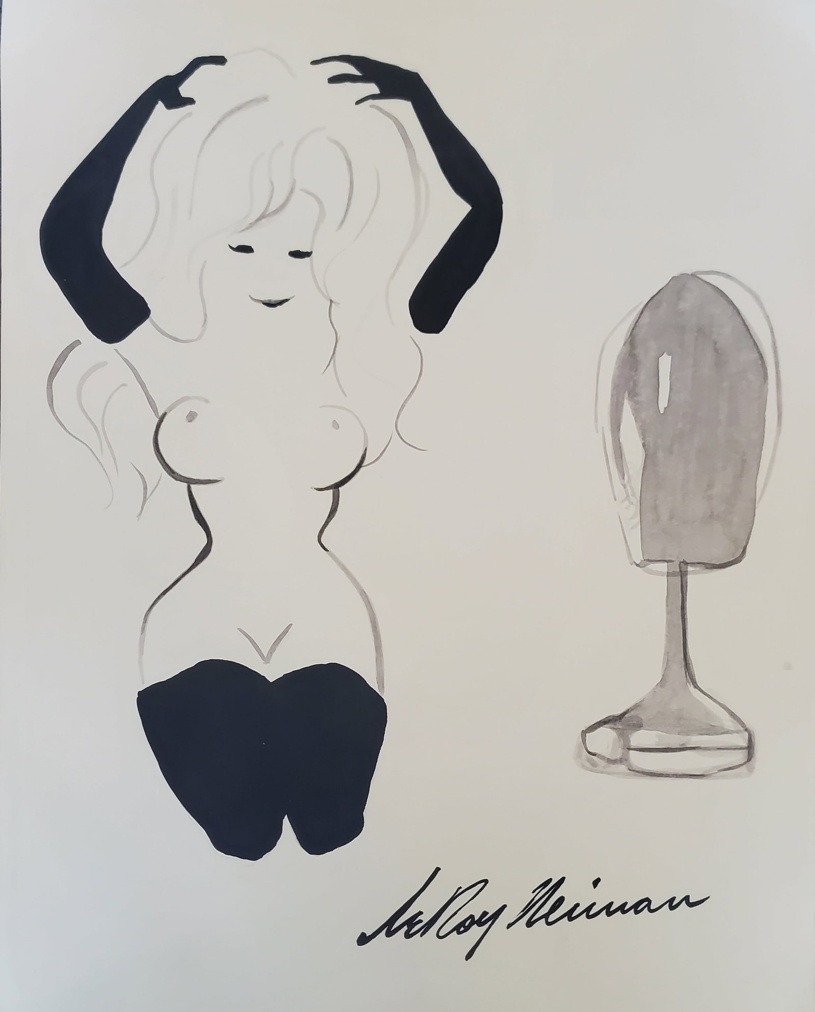 LeRoy Neiman, Playboy Femlin Gets Ready, Original Drawing: Artist: LeRoy Neiman Title: Playboy Femlin Medium: Watercolor on Paper Subject: Playboy Magazine Femlin Condition: Very Good Size: 12 x 7.75 Condition: Very Good - Excellent
