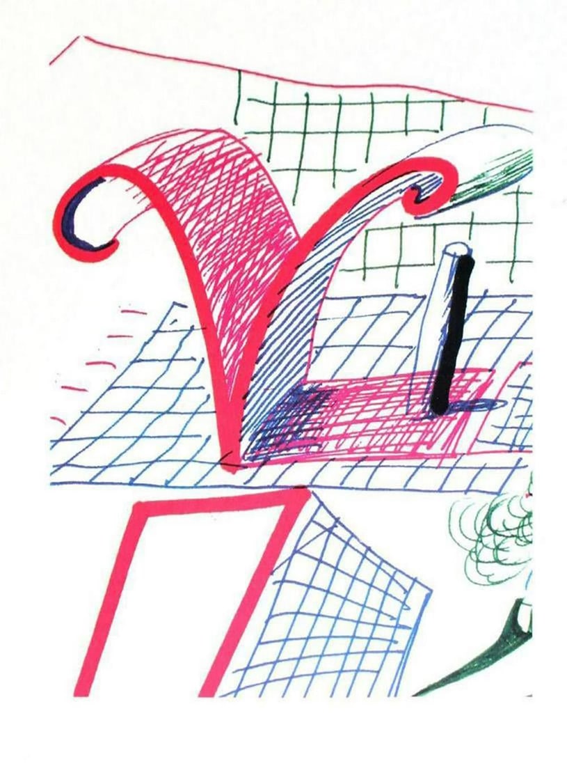 David Hockney, Letter V - Framed Lithograph: Artist: David Hockney. Title: Letter V from "Hockney's Alphabet" Year: 1991. Dimensions: 12 5/8in. by 9 5/8in. Frame size approx: 20x17 Inches. Publisher: Faber and Faber Limited London. Suite: Hockne