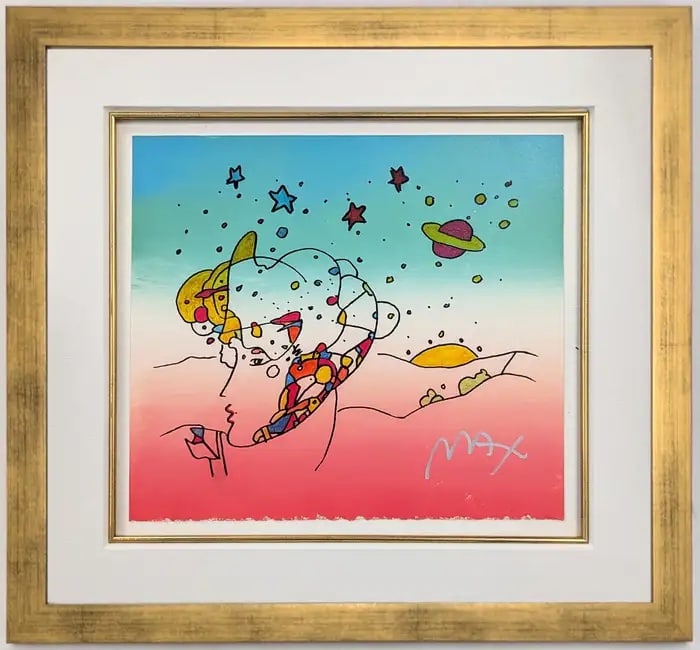 Peter Max,' Cosmic Profile', Orignal Mixed Media Water Color Painting, C.1990: Artist: Peter Max Title: Cosmic Profile Medium: Mixed Media On Paper Edition: Original Size: 12 x 13.5 inches Hand signed by the artist Frame size 19.5 x 21 inches Condition: Excellent Certificate of 