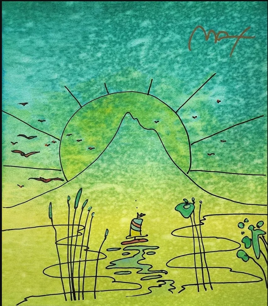 Peter Max 'Sailboat Sunrise' Mixed Media on Paper: Artist: Peter Max Title: Sailboat Sunrise Medium: Mixed Media On Paper Edition: Original Size: 13.5"x11.75" inches Hand signed by the artist Frame size 22.25"x18.25" inches Condition: Excellent