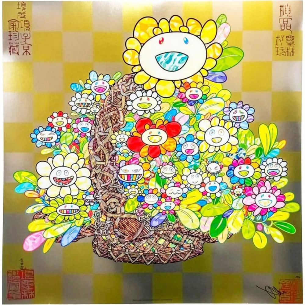 Takashi Murakami 'Bouquet In A Basket Signed & Numbered 2024: Takashi Murakami "Bouquet in a basket" Year: 2024 4 Colors Offset print, cold stamp and high gloss varnishing 23 3/5 ? 23 3/5 in 60 ? 60 cm Edition XX/300 Hand signed and numbered by the artist In min