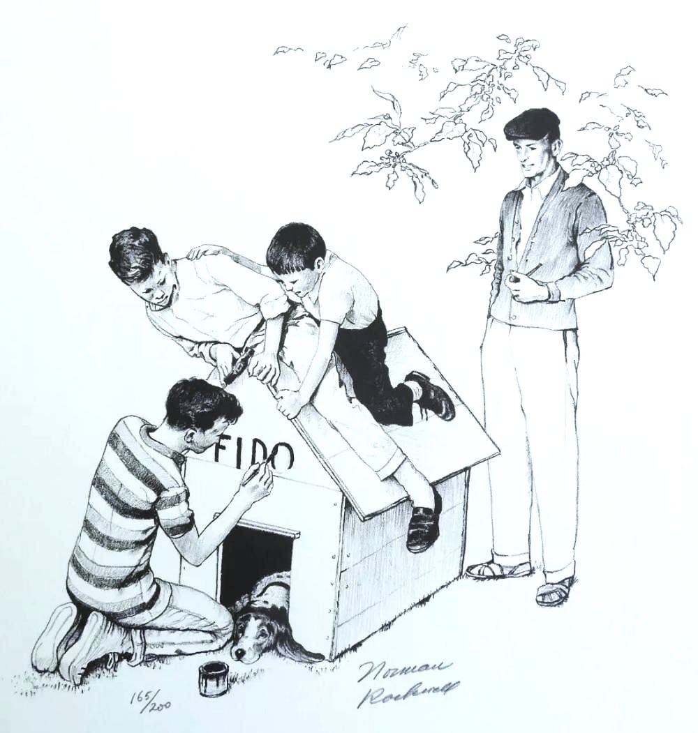 Norman Rockwell, 'Fido's House', Signed Limited Edition Lithograph, 1973: Description Artist: Norman Rockwell Title: Fidos House Year: 1973 Dimensions: 26 x 20 Edition: 165/200 Medium: Lithograph Condition: Very Good , please reveiew all pictures, Current Retail on this pie