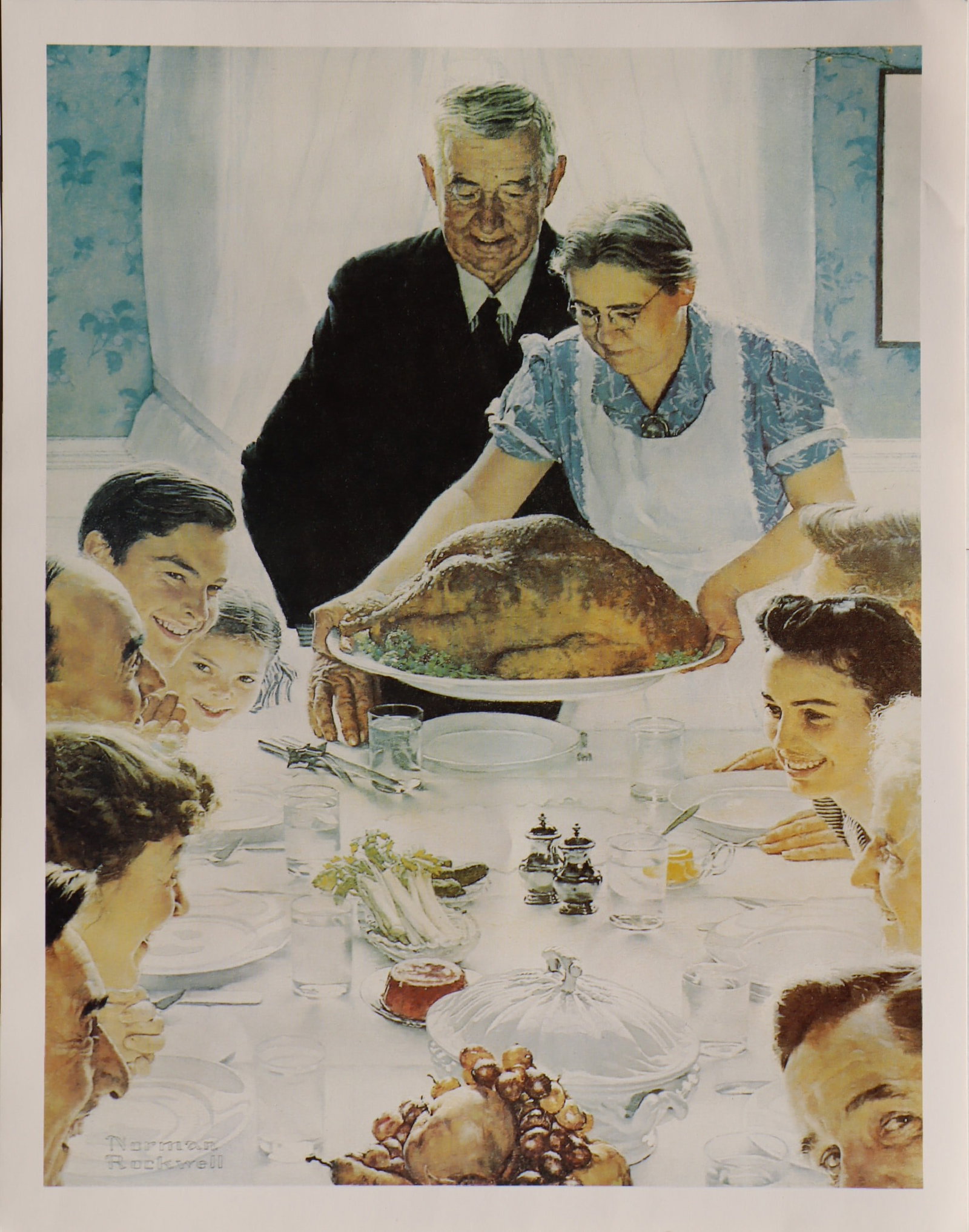 Norman Rockwell, Freedom From Want, Offset Lithograph, 1980: Artist: Norman Rockwell (American, 1894-1978) Surface: Gloss Paper Type: Lithograph Year: C.1980 Size: 14"x11" inches Origin: USA Signed: No Artist Bio: First hired by the Boy Scouts of America to cre