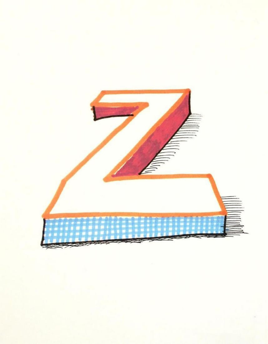 David Hockney, Letter Z - Framed Lithograph: Artist: David Hockney. Title: Letter Z from "Hockney's Alphabet" Year: 1991. Dimensions: 12 5/8 in. by 9 5/8in. Frame size approx: 18 x 15 Inches. Publisher: Faber and Faber Limited London Suite: Hock