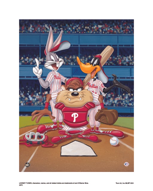 Warner Bros, Looney Tunes, Bugs, Daffy & Taz, "At The Plate, Philadelphia Phillies": Title: At The Plate, Philadelphia Phillies Subject: Looney Tune's Squad Publisher: Classic Moments Type: Animation Giclee Paper: MT600 Year Produced: Circa 2000-2010 Size: 16" x 20" Condition: Excelle