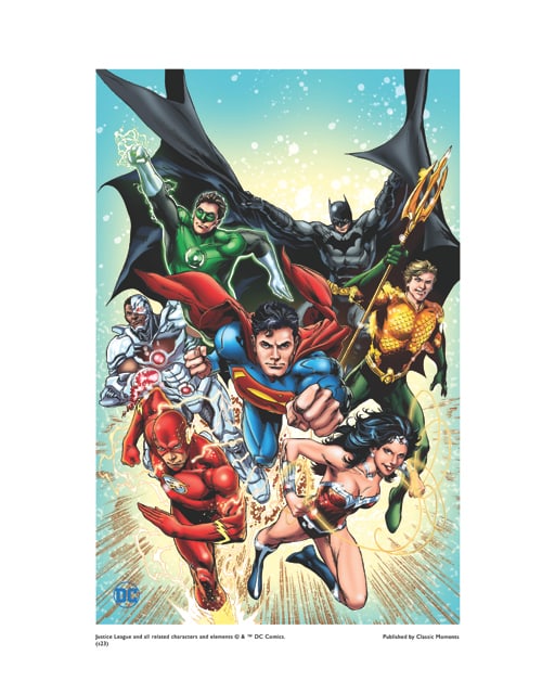 Warner Bros, DC Comics, The Justice League, "Earth's Mightiest Heroes": Title: Justice League, Earth's Mightiest Heroes Subject: DC Comics Publisher: Classic Moments Type: Animation Giclee Paper: MT600 Year Produced: Circa 2000-2010 Size: 16" x 20" Condition: Excellent Li