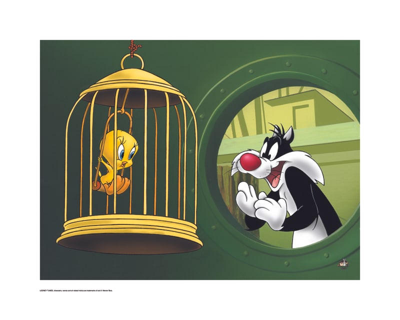 Warner Bros, Looney Tunes, Tweety & Sylvester, "Bird In A Guilty Cage": Title: Bird In A Guilty Cage Subject: Looney Tunes Publisher: Classic Moments Type: Animation Giclee Paper: MT600 Year Produced: Circa 2000-2010 Size: 16" x 20" Condition: Excellent Licensed by Warner