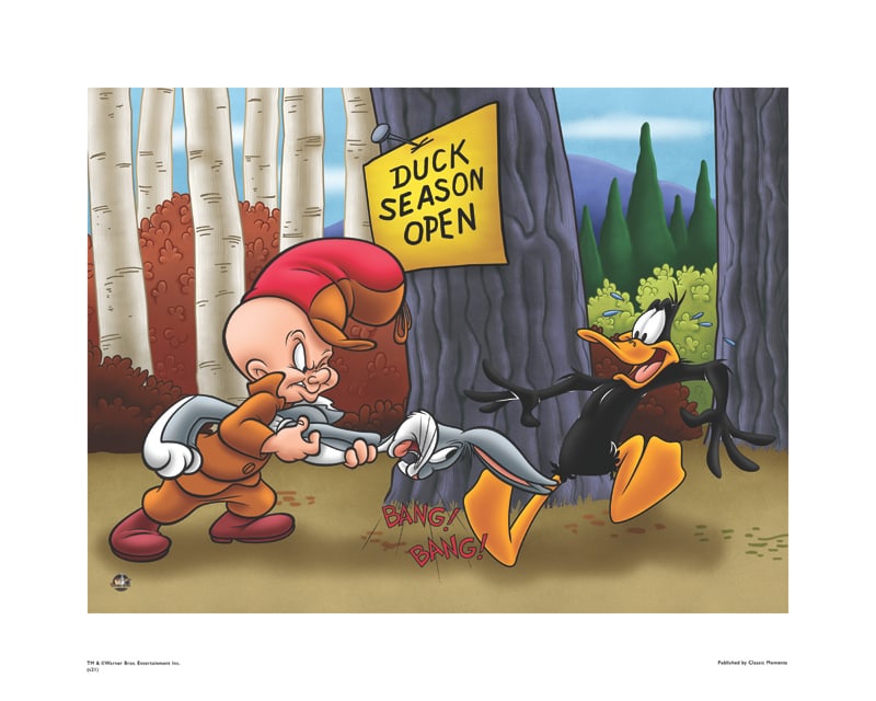 Warner Bros, Looney Tunes, Bugs Bunny, Daffy Duck & Elmer Fudd, "Duck Season": Title: Duck Season Subject: Bugs Bunny, Daffy Duck & Elmer Fudd Publisher: Classic Moments Type: Animation Giclee Paper: MT600 Year Produced: Circa 2000-2010 Size: 16" x 20" Condition: Excellent Licen