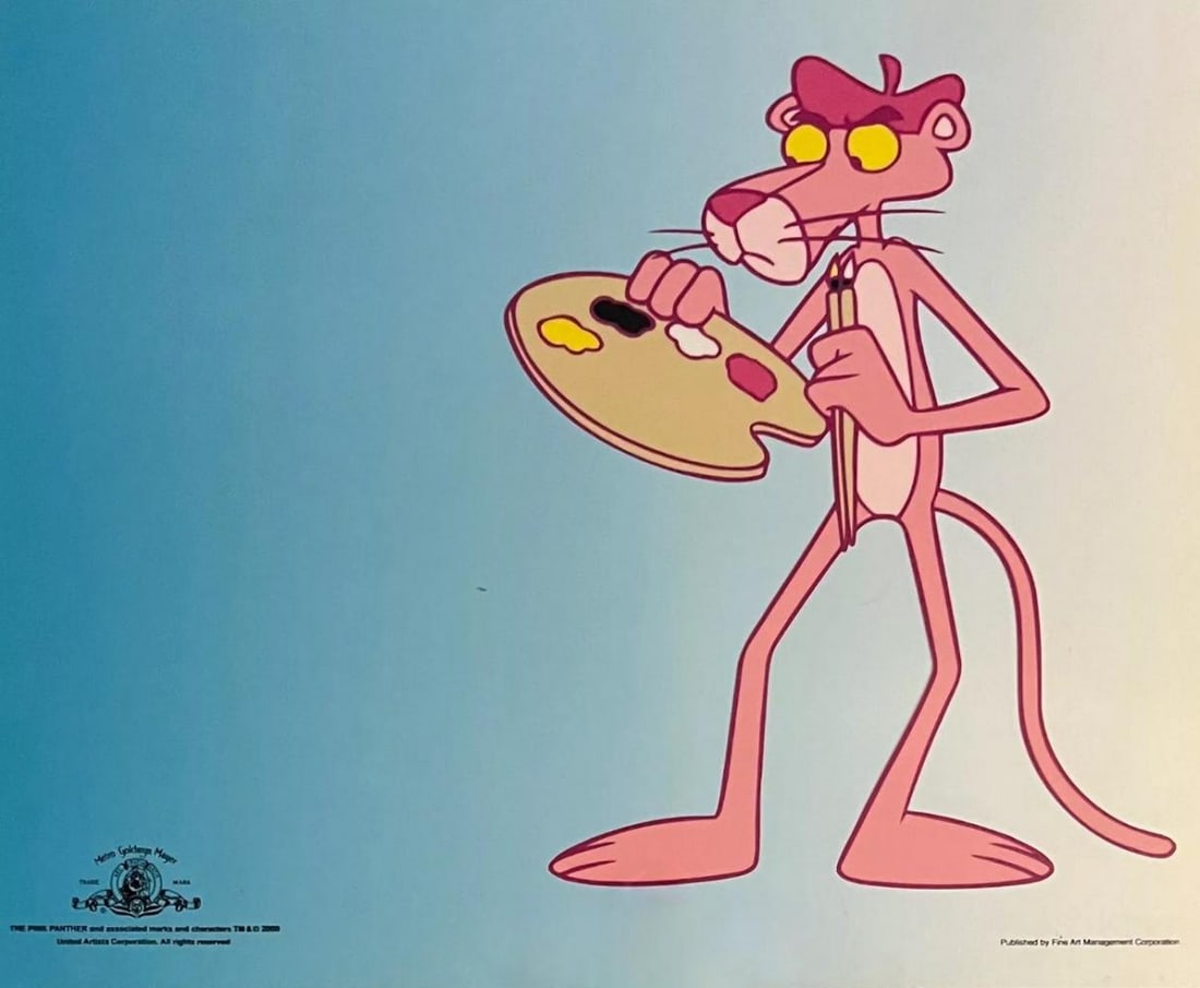 MGM, Pink Panther - The Painter, Limited Edition Animation Cel: This is an exquisite Limited Edition SERICEL - created from an actual image used in the original animated series - with the official MGM & United Artist Corporation trade mark seals. OWN THIS NOSTALGI